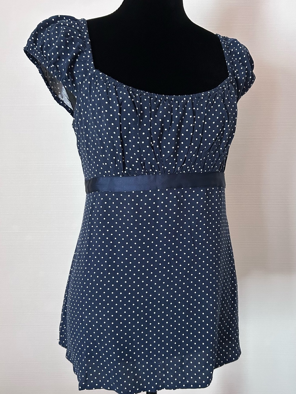 Hollister Navy and White Polka Dot Babydoll Top